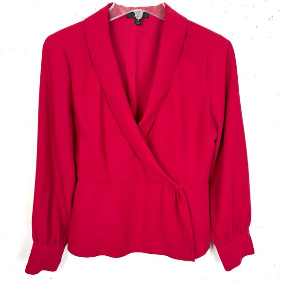 J.Crew Drapey Faux Wrap Crepe Blouse V-Neck Button Cuffs Peplum Red Size 4 - Picture 2 of 13